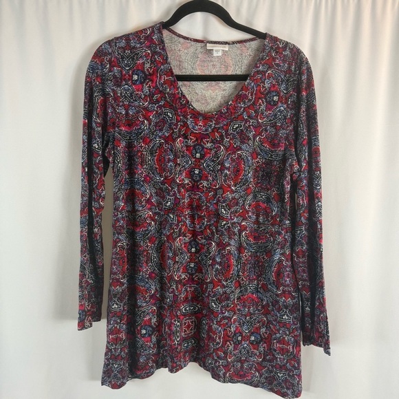 J.Jill Gorgeous V-Neck Knit Tunic ~ True Red Sparkling Paisley Size: M - Picture 4 of 13